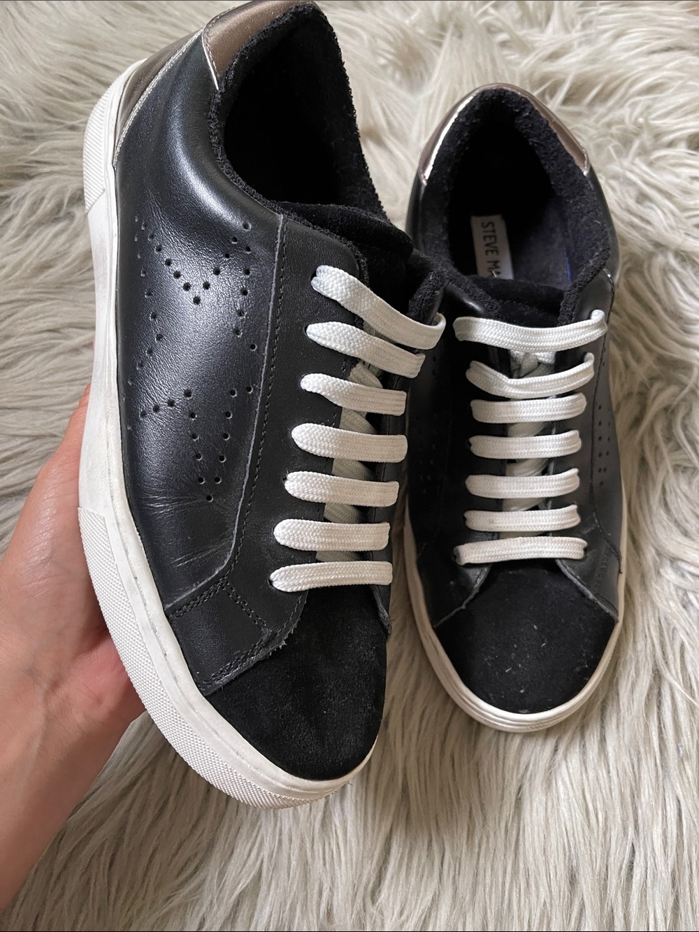 Steve Madden Black and White Low-Top Leather Sneakers with Metallic Heel